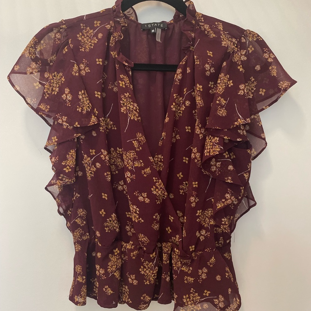 1. State Burgundy and Gold Floral Blouse
